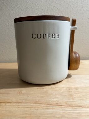 Hearth & Hand White Ceramic Coffee Canister with Brown Wooden Lid and Spoon
